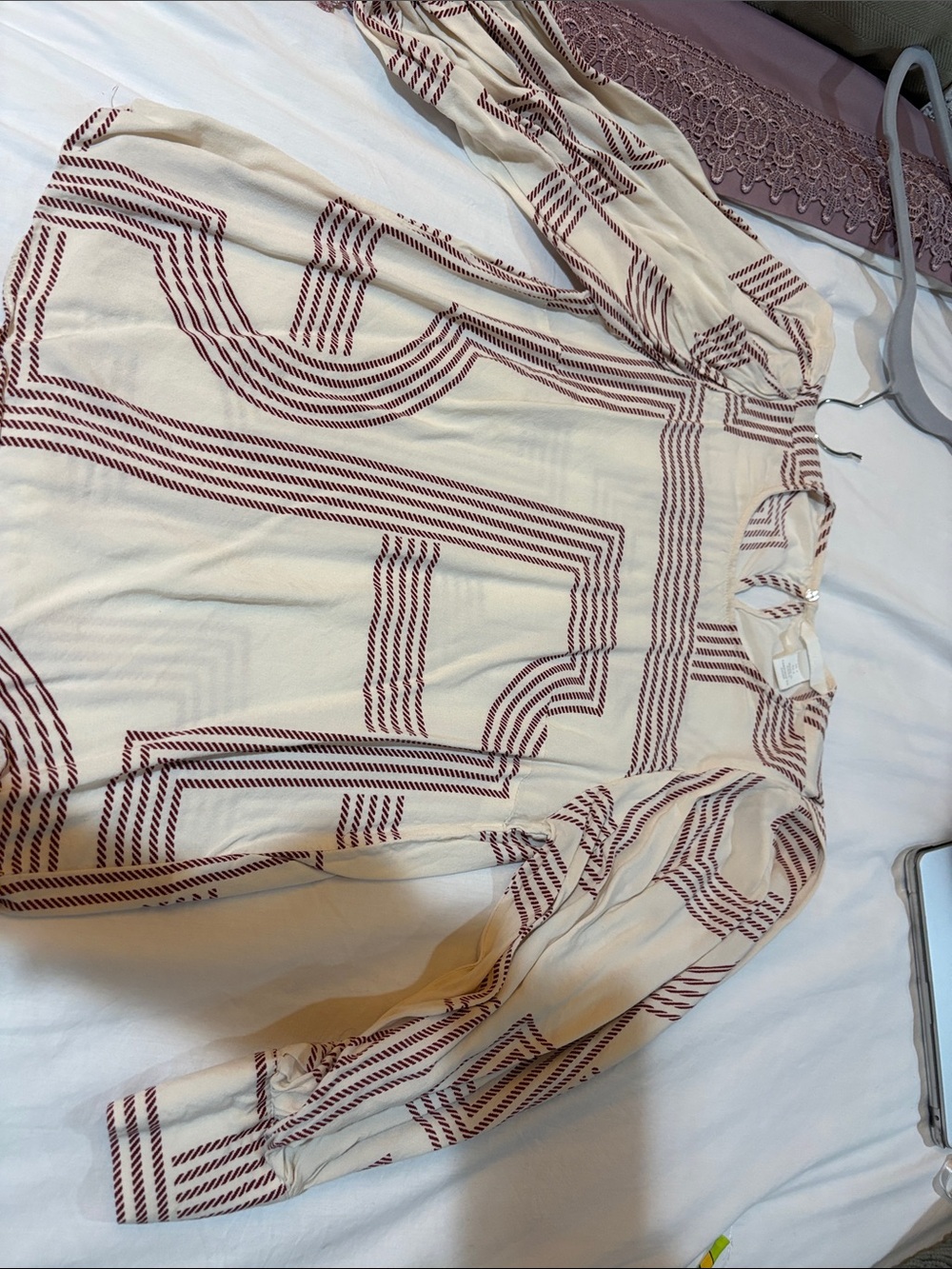 H&M Cream Blouse with Burgundy Geometric Stripes